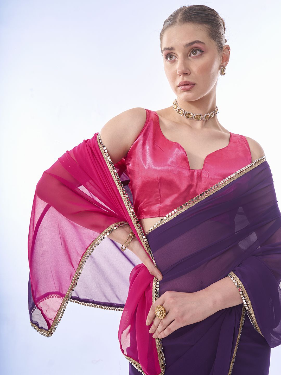 

Mitera Colourblocked Mirror Work Pure Chiffon Ready to Wear Saree, Pink