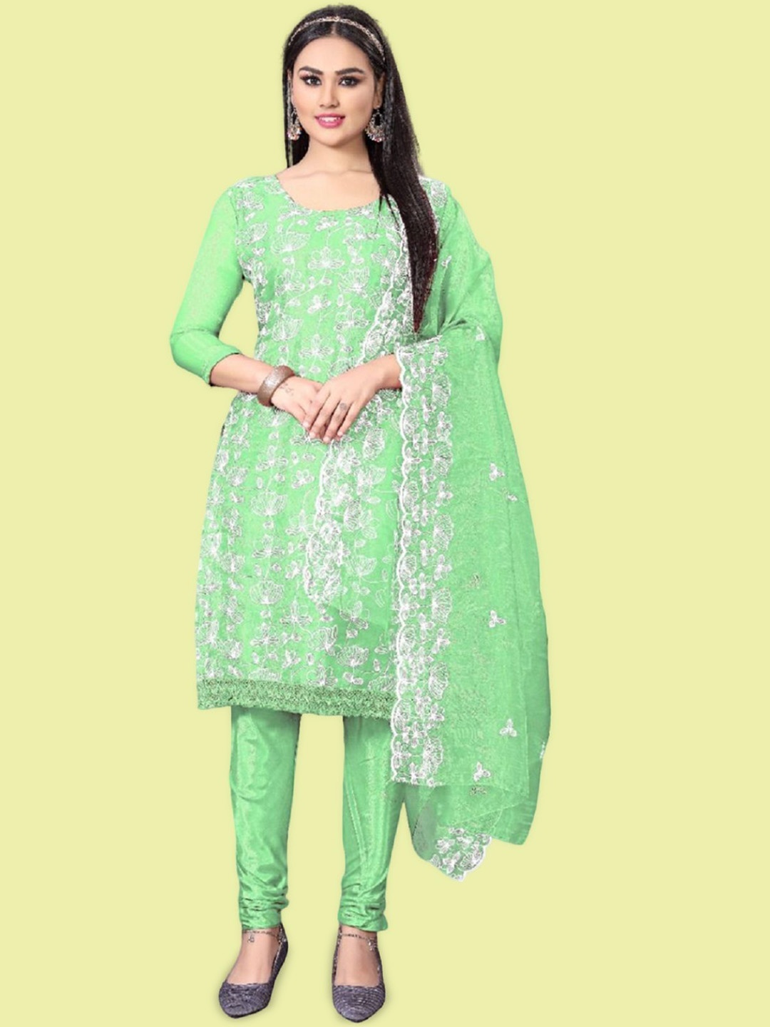 

APNISHA Floral Embroidered Organza Unstitched Dress Material, Lime green