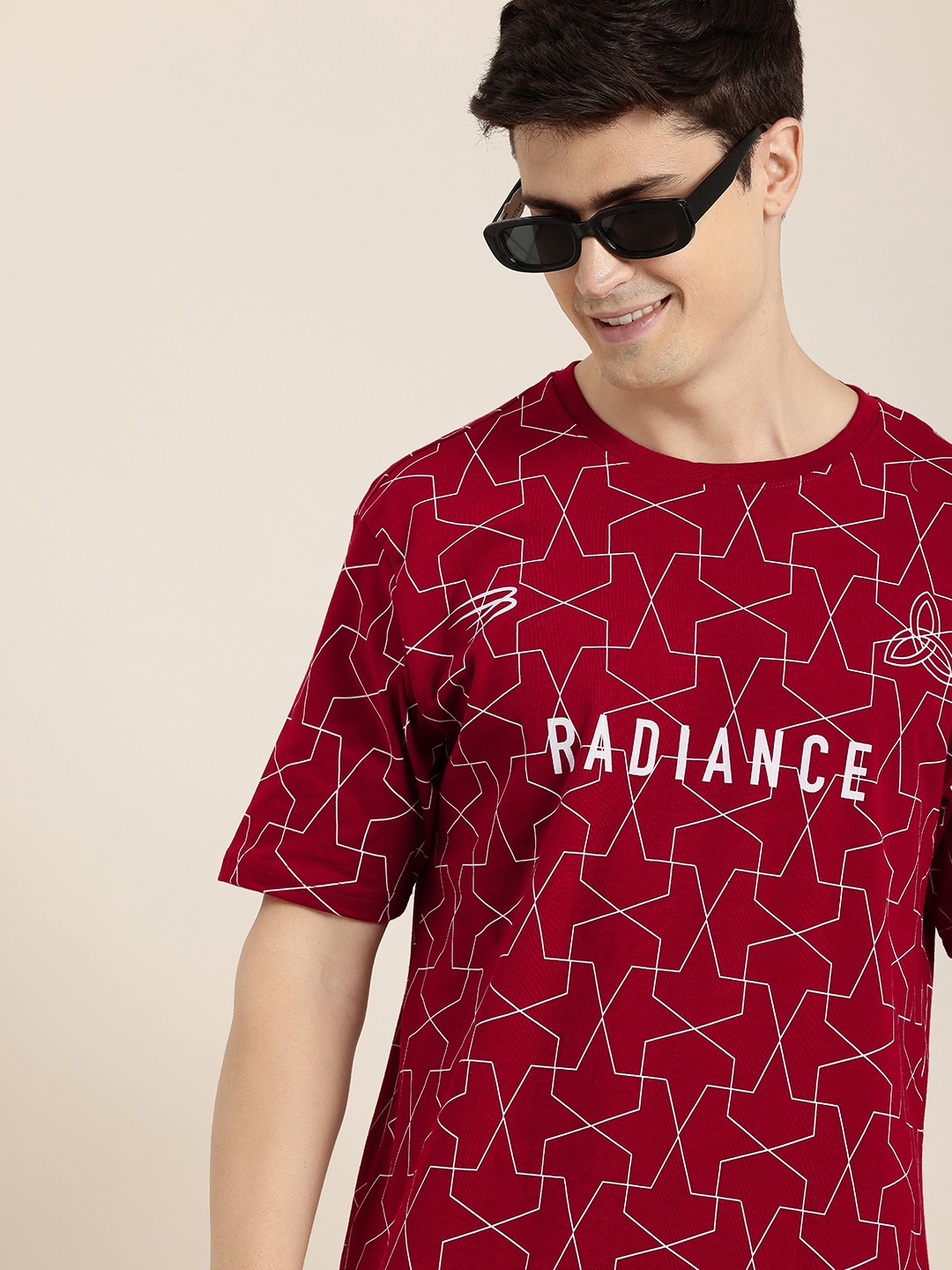 

HERE&NOW Printed Drop-Shoulder Sleeves Pure Cotton T-shirt, Maroon