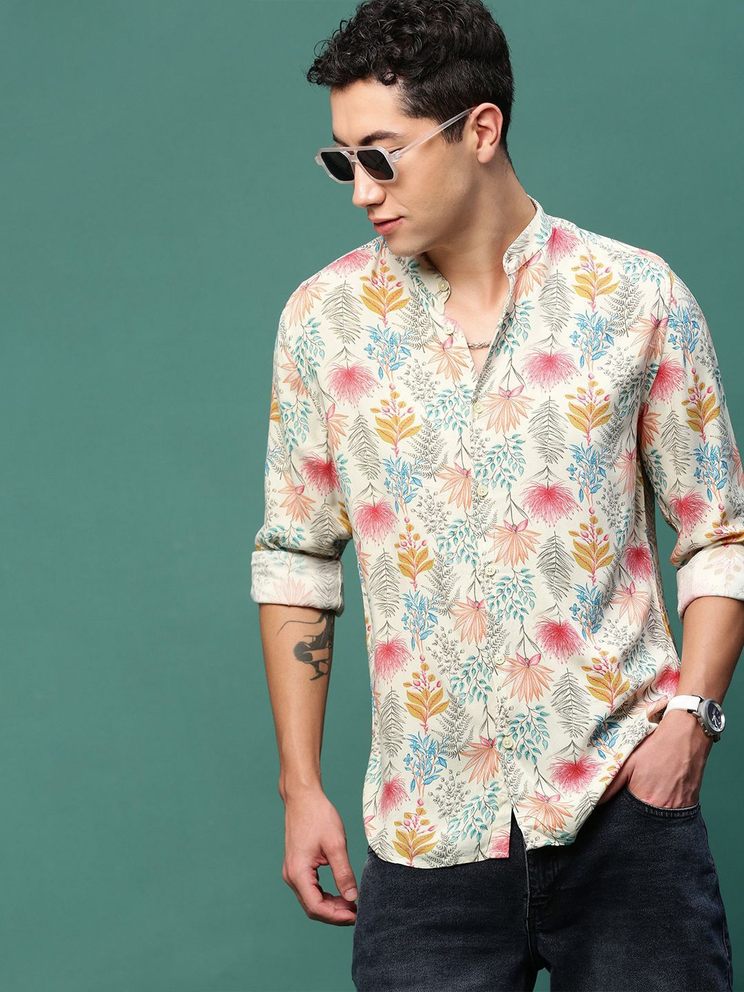 

SHOWOFF Men Standard Slim Fit Floral Opaque Printed Casual Shirt, Cream