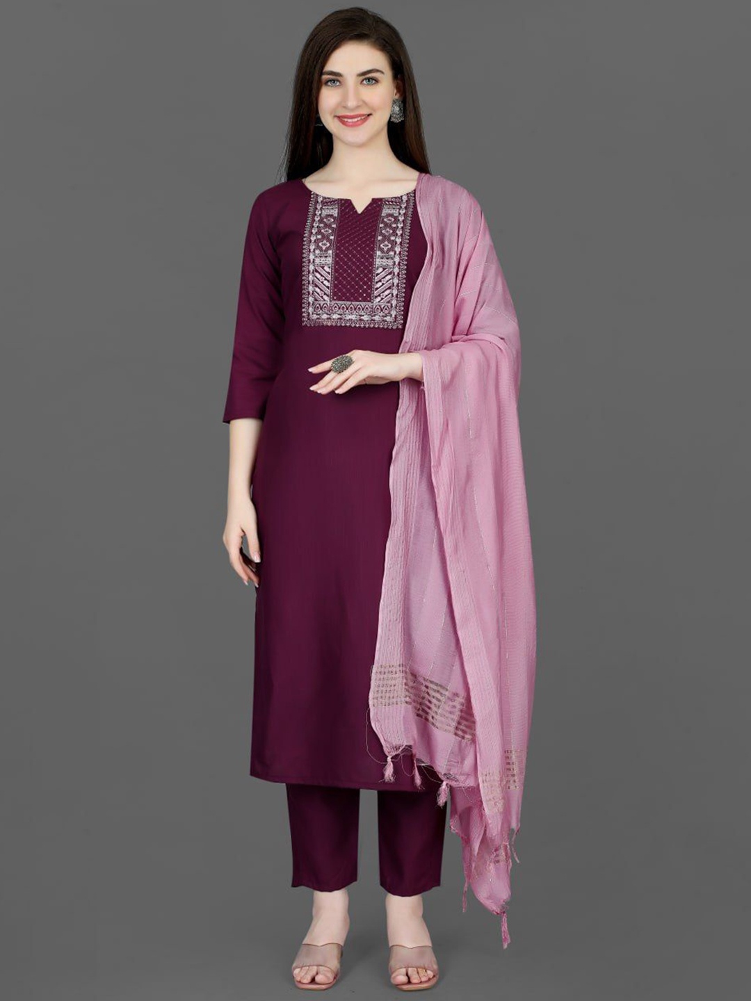 

Growdamy Ethnic Motifs Yoke Design Straight Kurta With Trousers & Dupatta, Purple