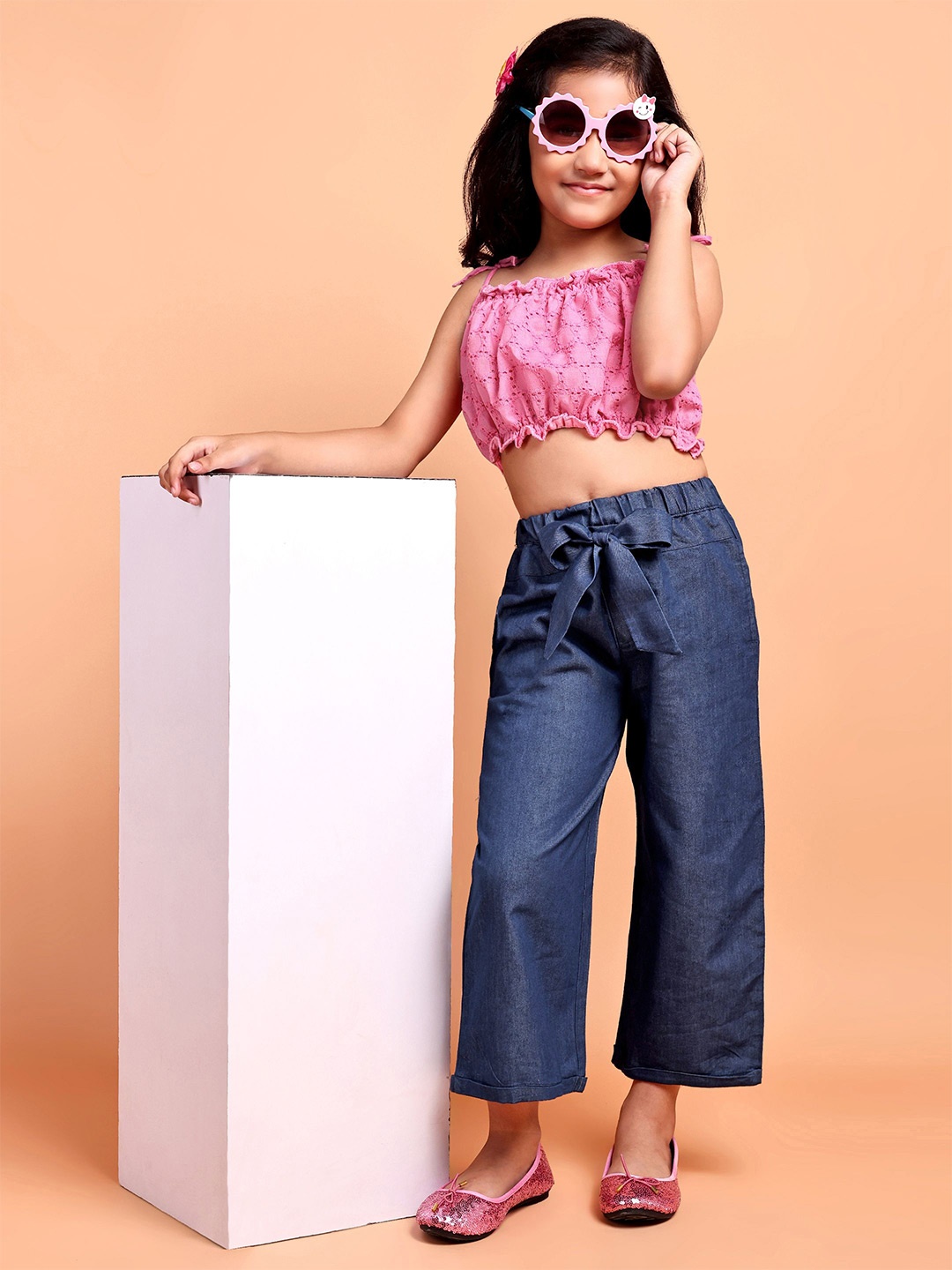 

YK Girls Schiffli Pure Cotton Crop Top With Denim Palazzo, Pink