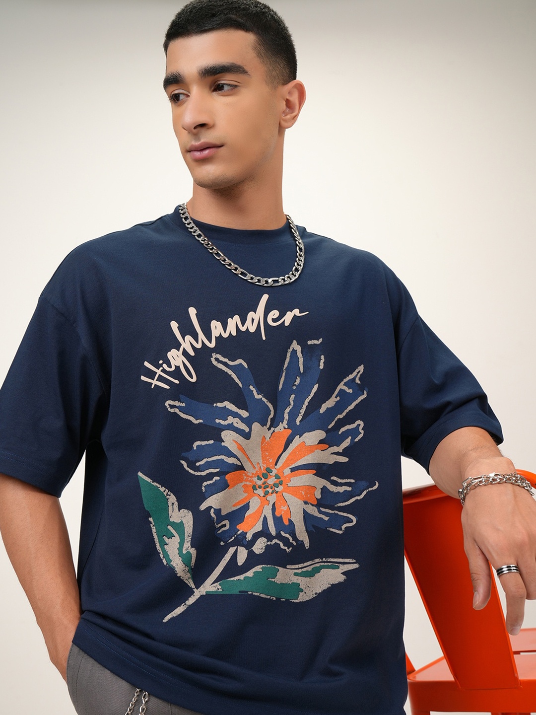 

HIGHLANDER Puff Printed Graphic Printed Oversized T-shirt, Navy blue