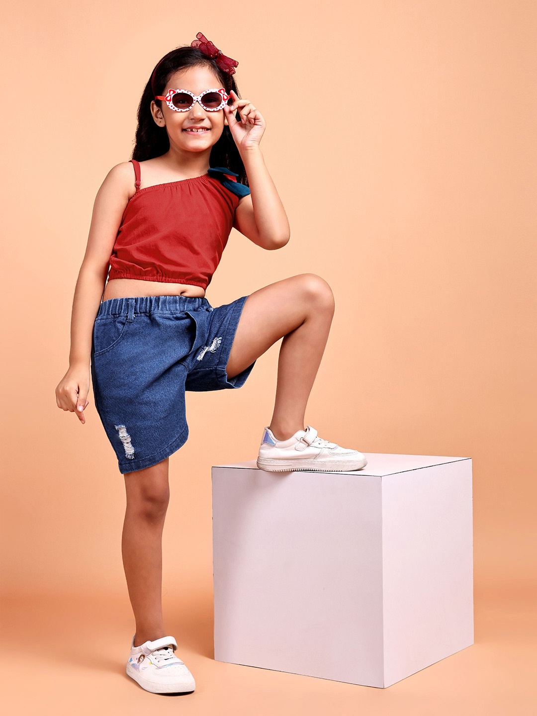 

YK Girls One Shoulder Pure Cotton Top with Shorts, Red
