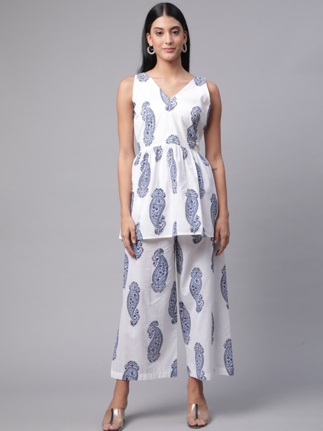 

VIRAGO Paisley Printed V-Neck Pure Cotton Top With Palazzos, White