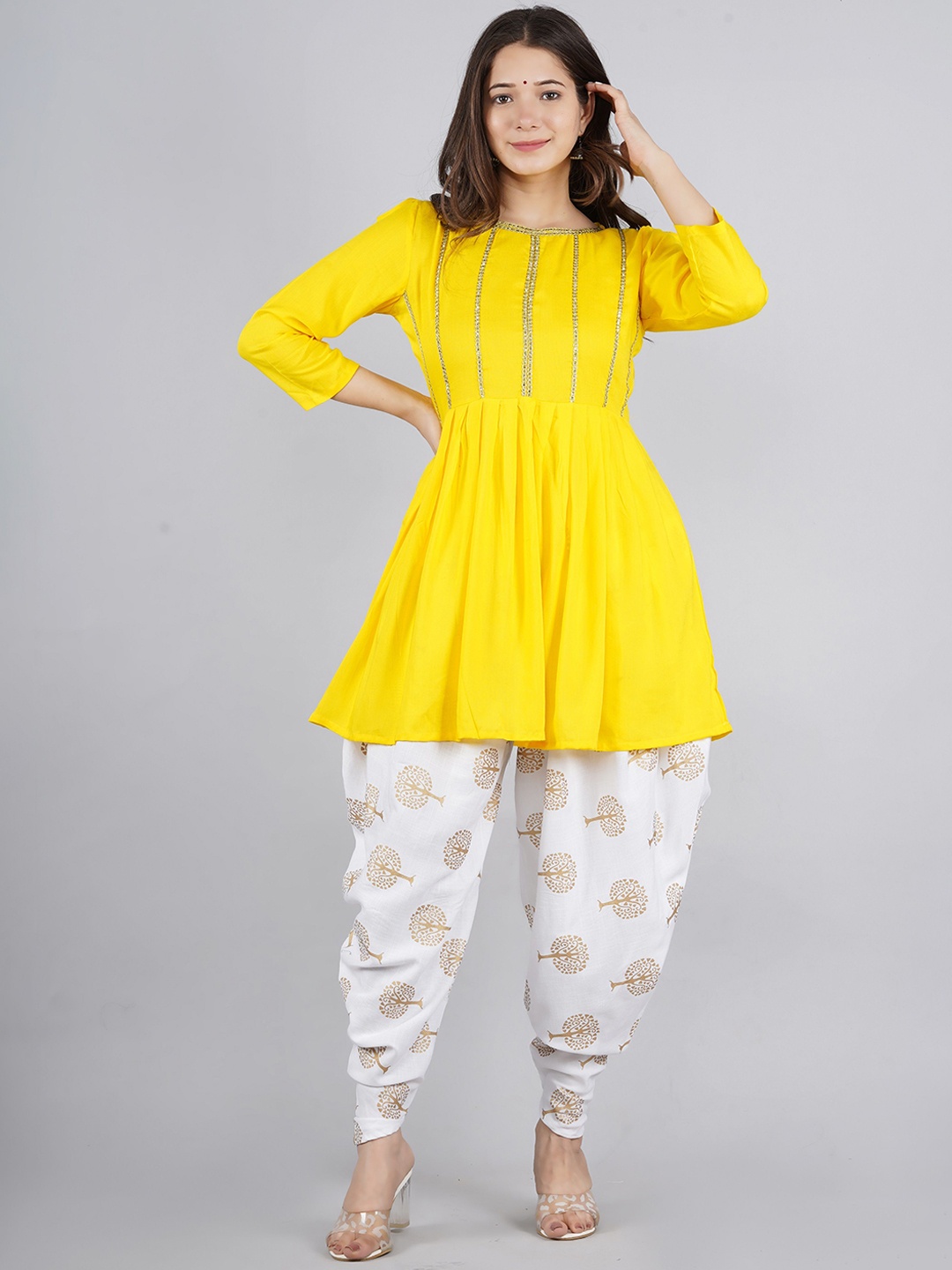 

TFP Women Floral Yoke Design Regular Gotta Patti Kurta with Dhoti Pants, Yellow