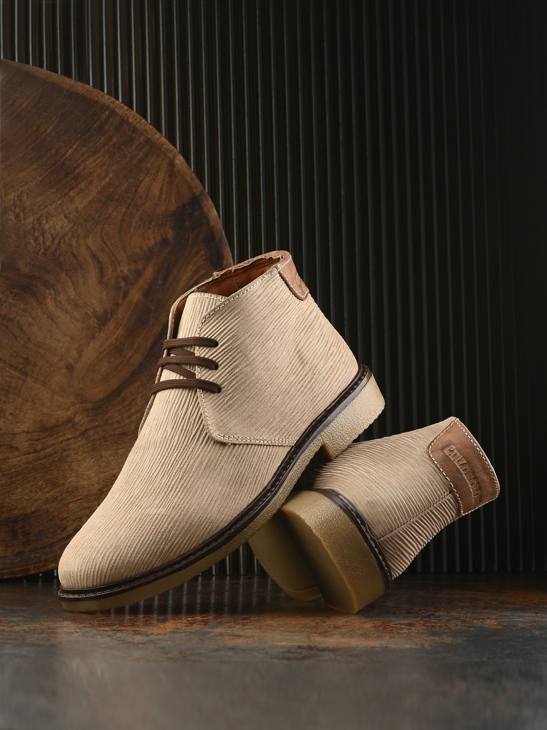 

CARLO ROMANO Men Striped Leather Mid-Top Boots, Beige