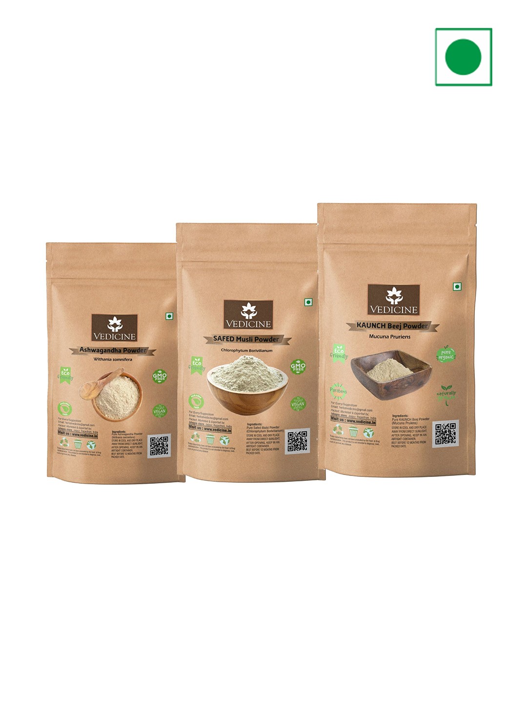 

VEDICINE Set Of 3 Ashwagandha, Safed Musli, & Kaunch Beej Powder - 100g Each, White