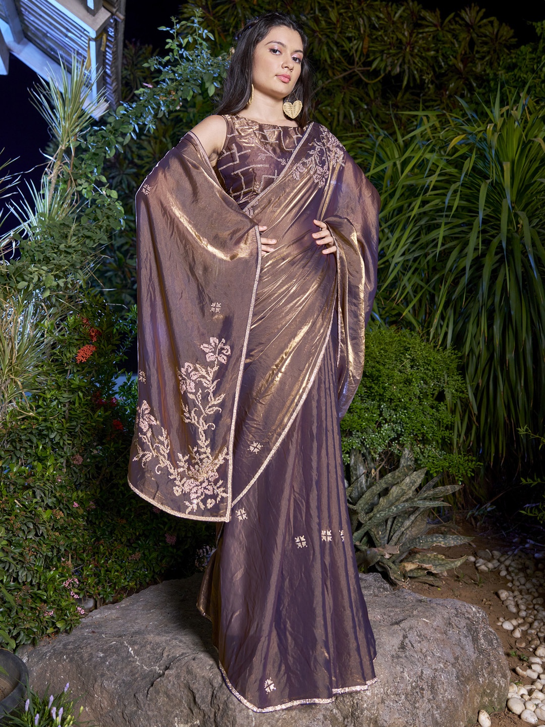 

Saree mall Embellished Beads and Stones Pure Chiffon Sarees, Bronze