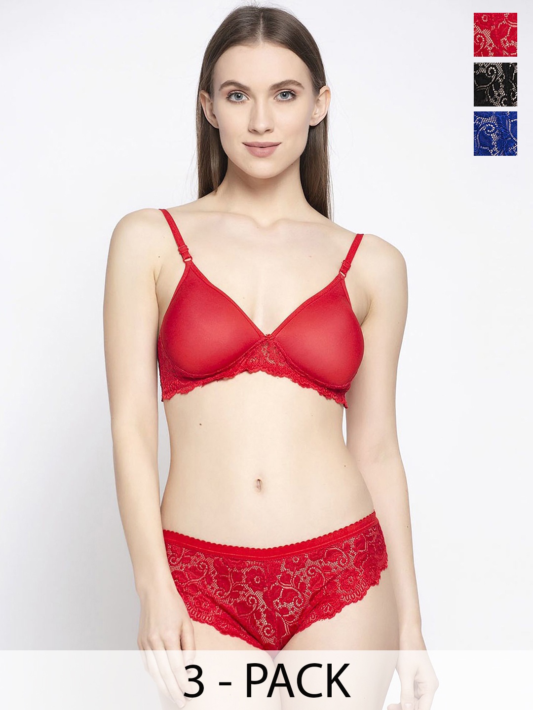

AROUSY Pack Of 3 Self-Design Lightly-Padded Lingerie Set, Red