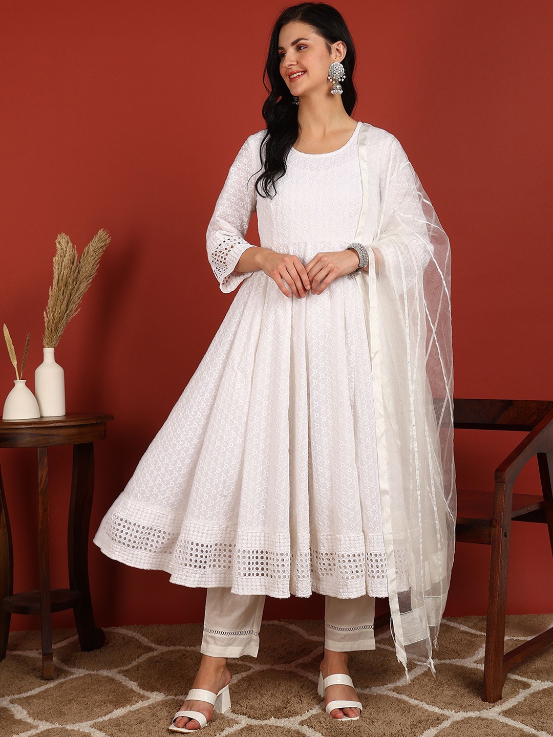 

FUBAR Ethnic Motifs Embroidered Thread Work Anarkali Kurta With Trousers & Dupatta, White