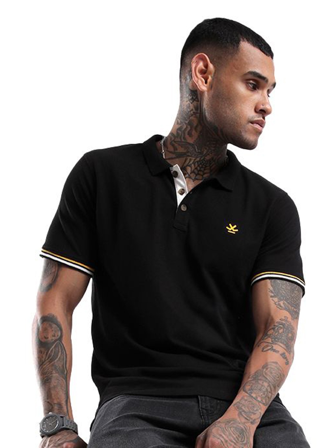 

WROGN Men Solid Polo Collar Cotton T-Shirt, Black