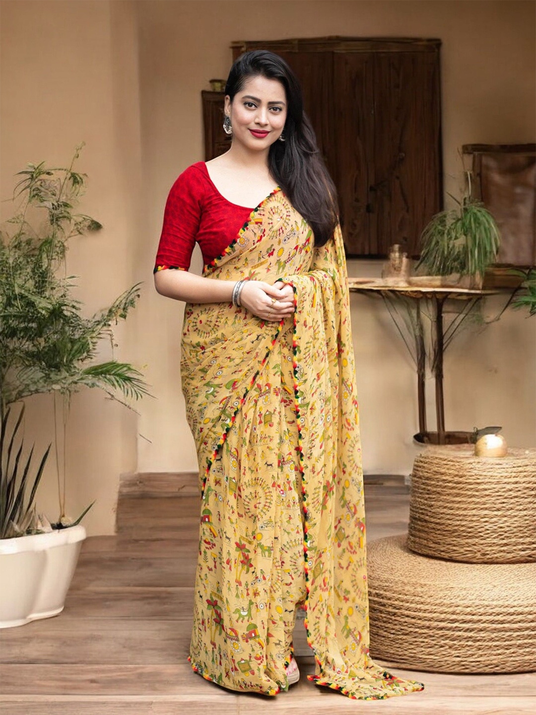 

Ambuja International Warli Pure Georgette Saree, Cream