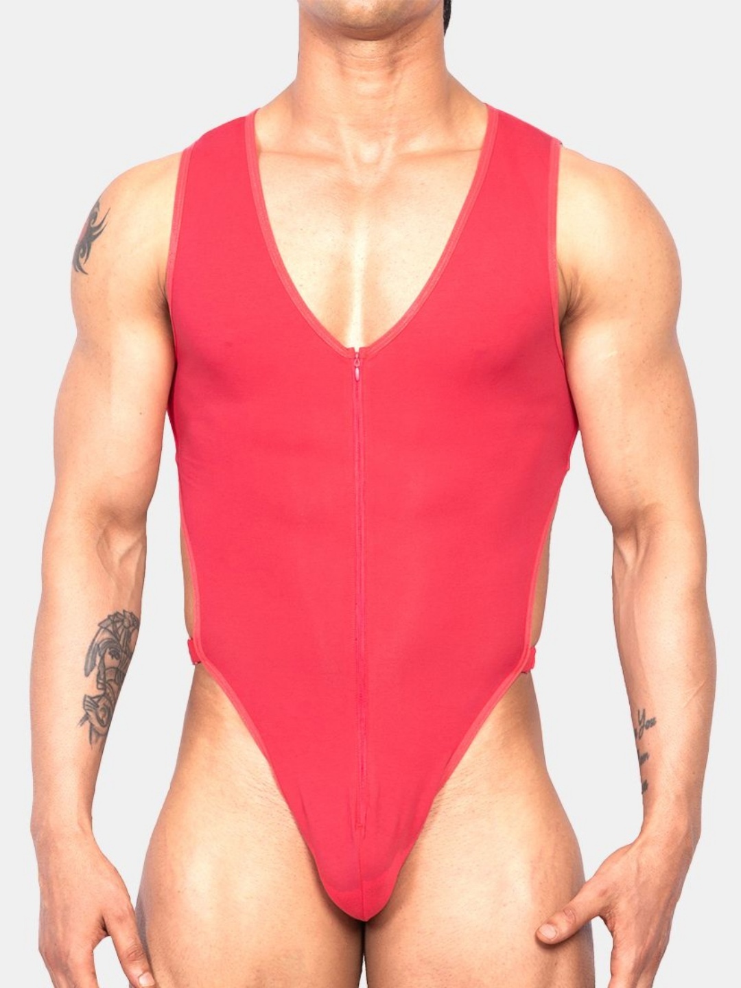 

EROBOLD V-Neck Zipper Frontline Slim Fit Cotton Bodysuit, Pink