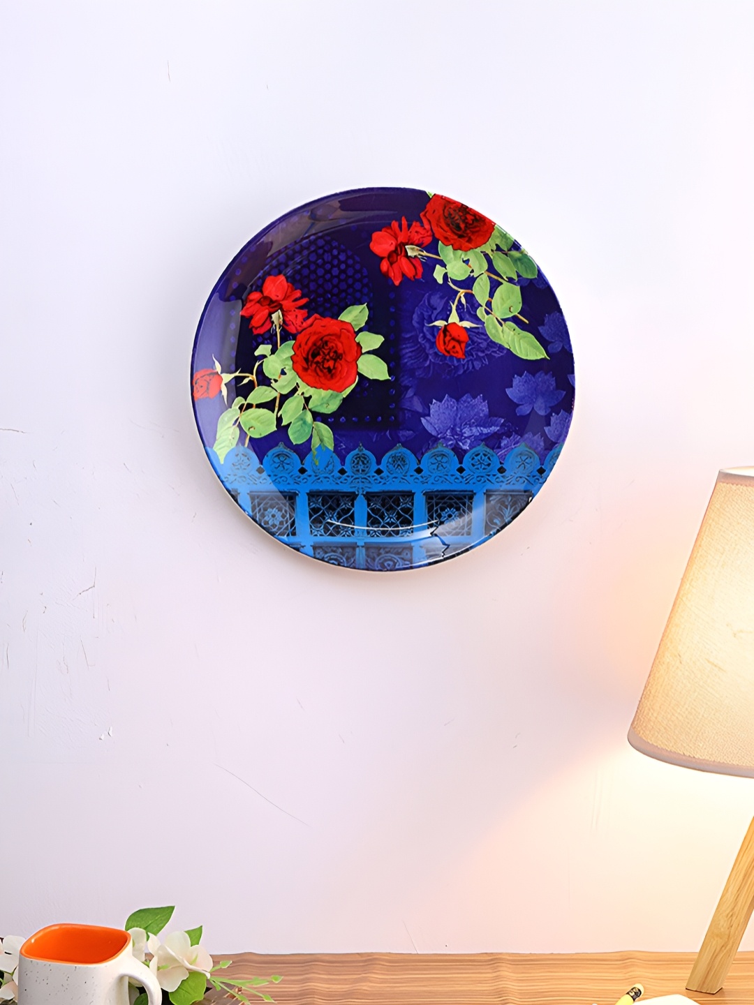 

PENTADECO Navy Blue & Red Floral Printed Ceramic Wall Plate