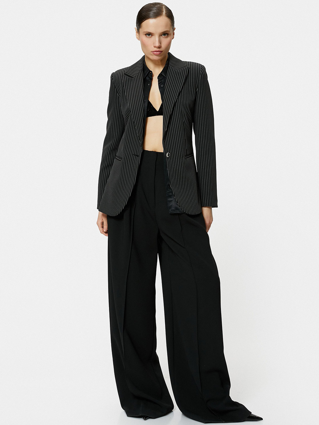 

Koton Striped Notched Lapel Single Breasted Blazers, Black