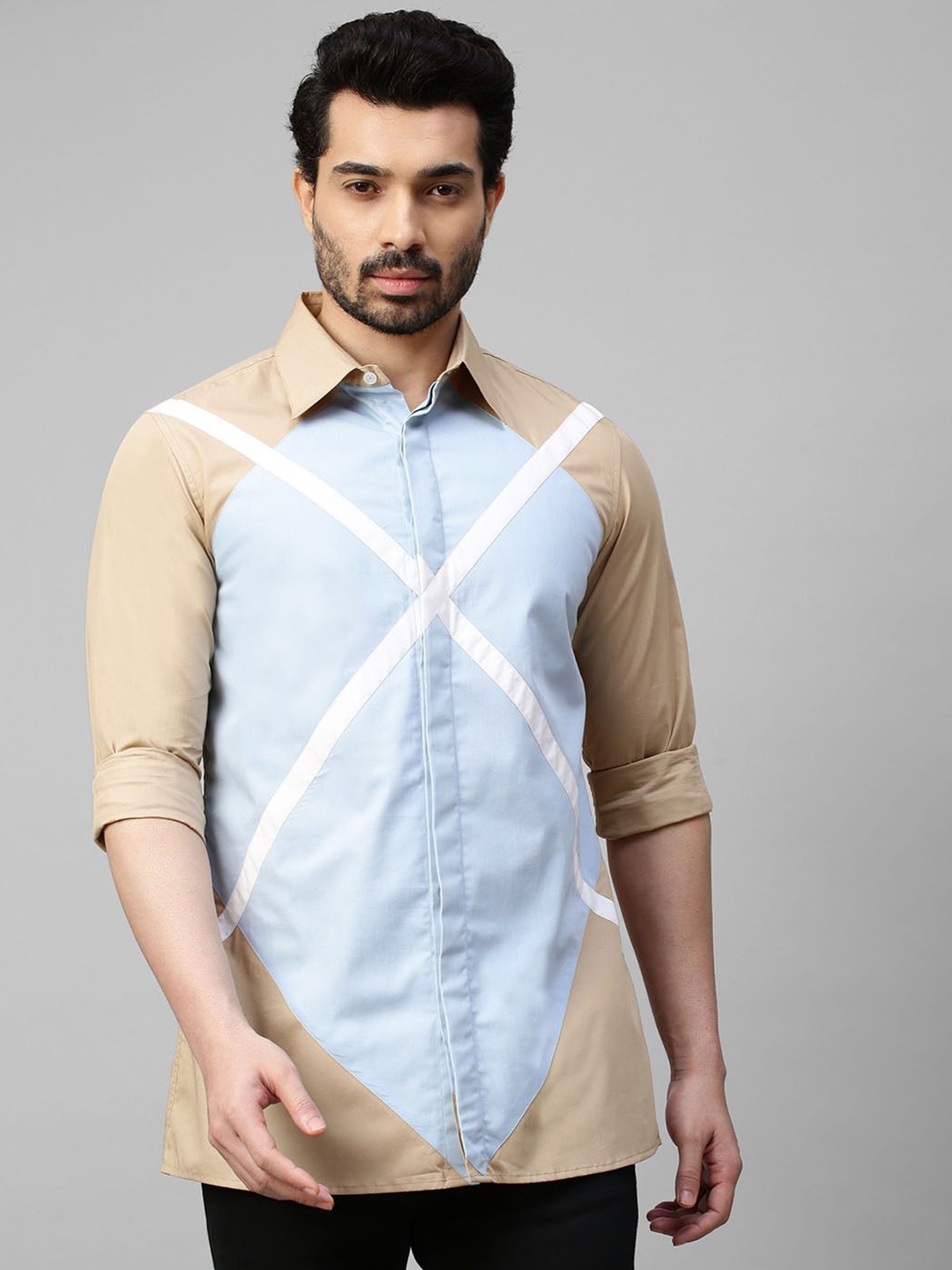 

ECHKE Men Custom Opaque Colourblocked Casual Shirt, Beige