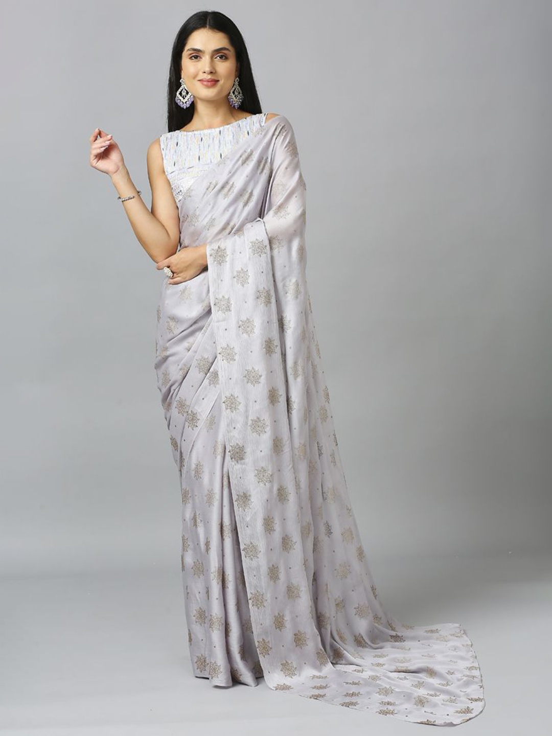 

ASISA Pure Chiffon Embellished Schiffli Saree, Grey