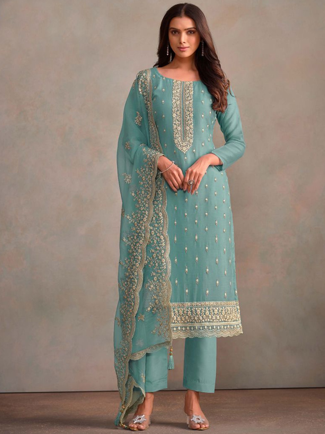 

ASISA Embroidered Sequinned Organza Semi-Stitched Dress Material, Blue