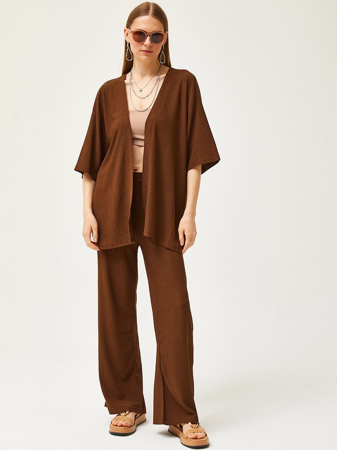 

Olalook Open Front Shrug With Trousers, Brown