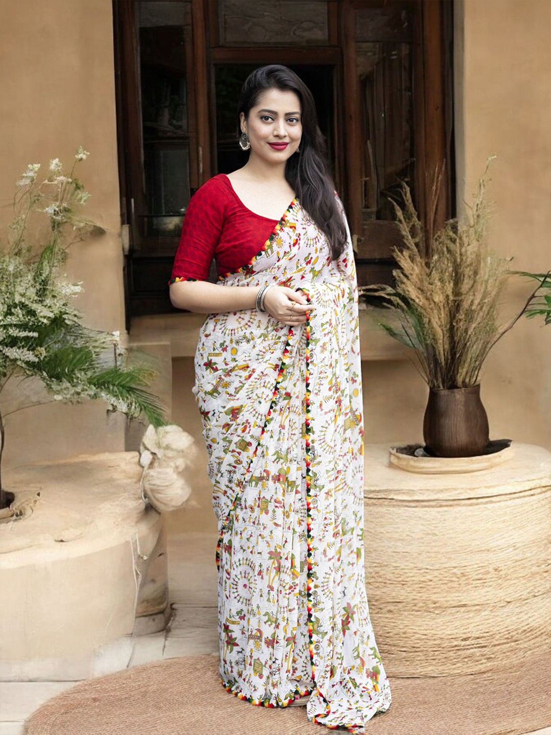 

Ambuja International Warli Pure Georgette Saree, White