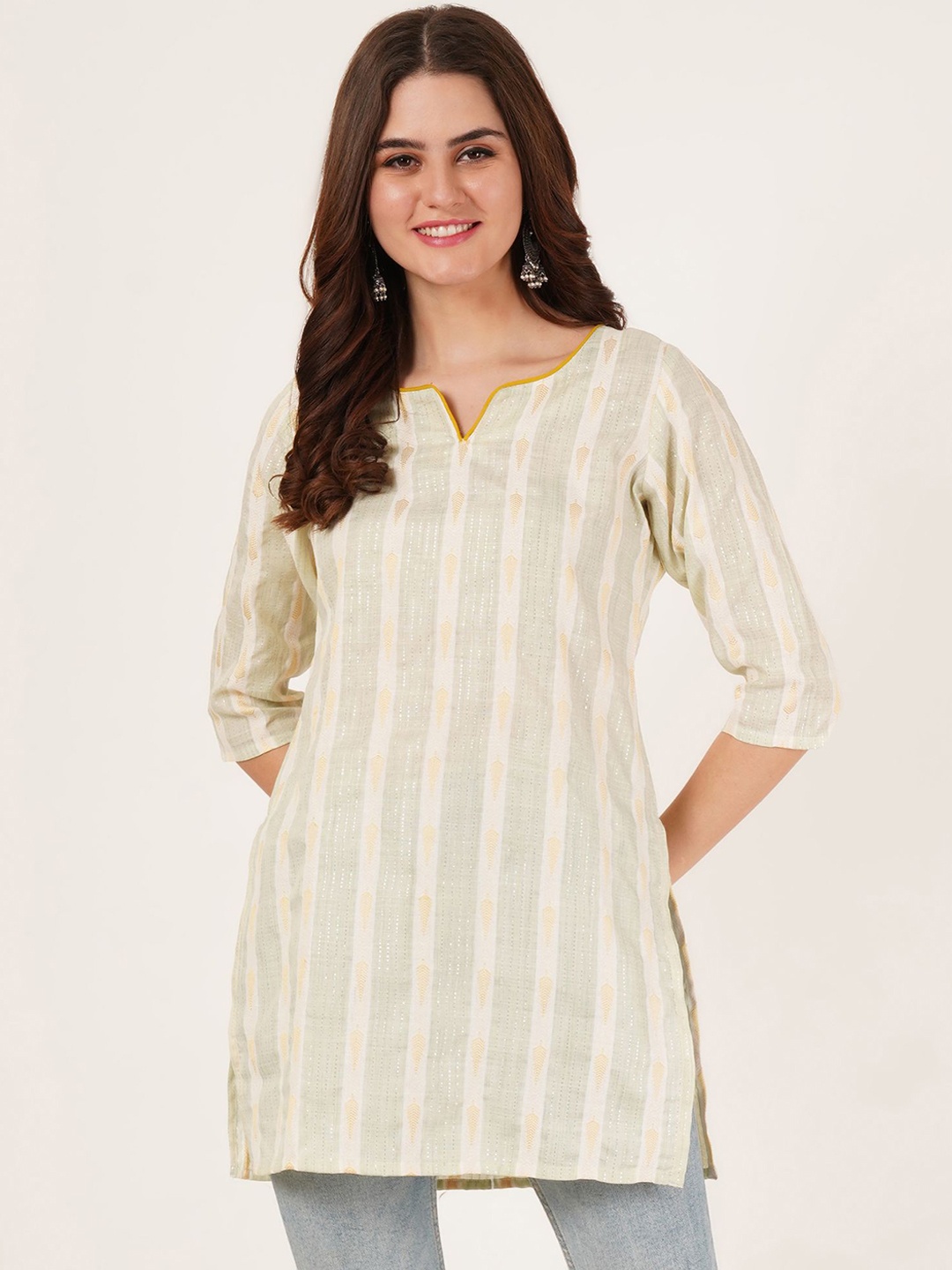 

Brownverse Women Striped Thread Work Dobby Kurta, Sea green