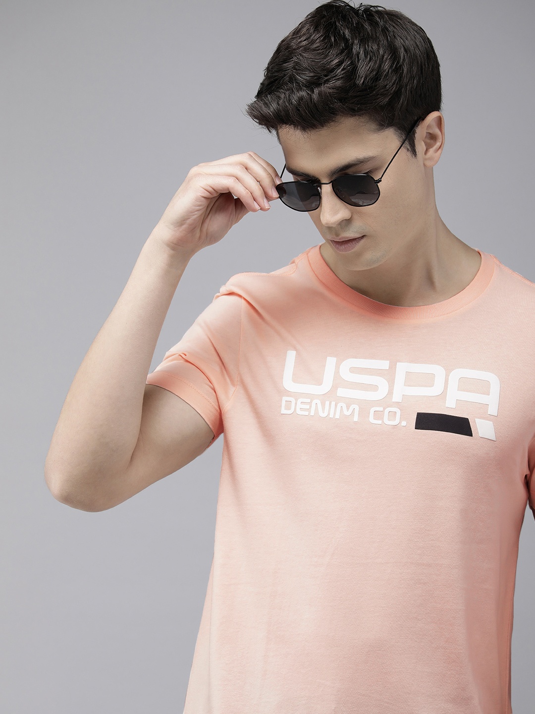 

U.S. Polo Assn. Denim Co. Men Brand Logo Printed Pure Cotton Slim Fit T-shirt, Peach