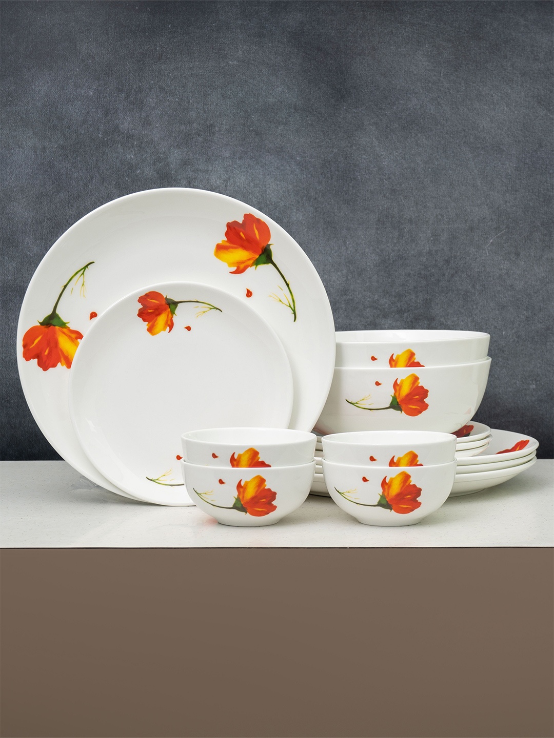 

CLAY CRAFT Eco Set Of 14 White Printed Ceramic Dinner Set
