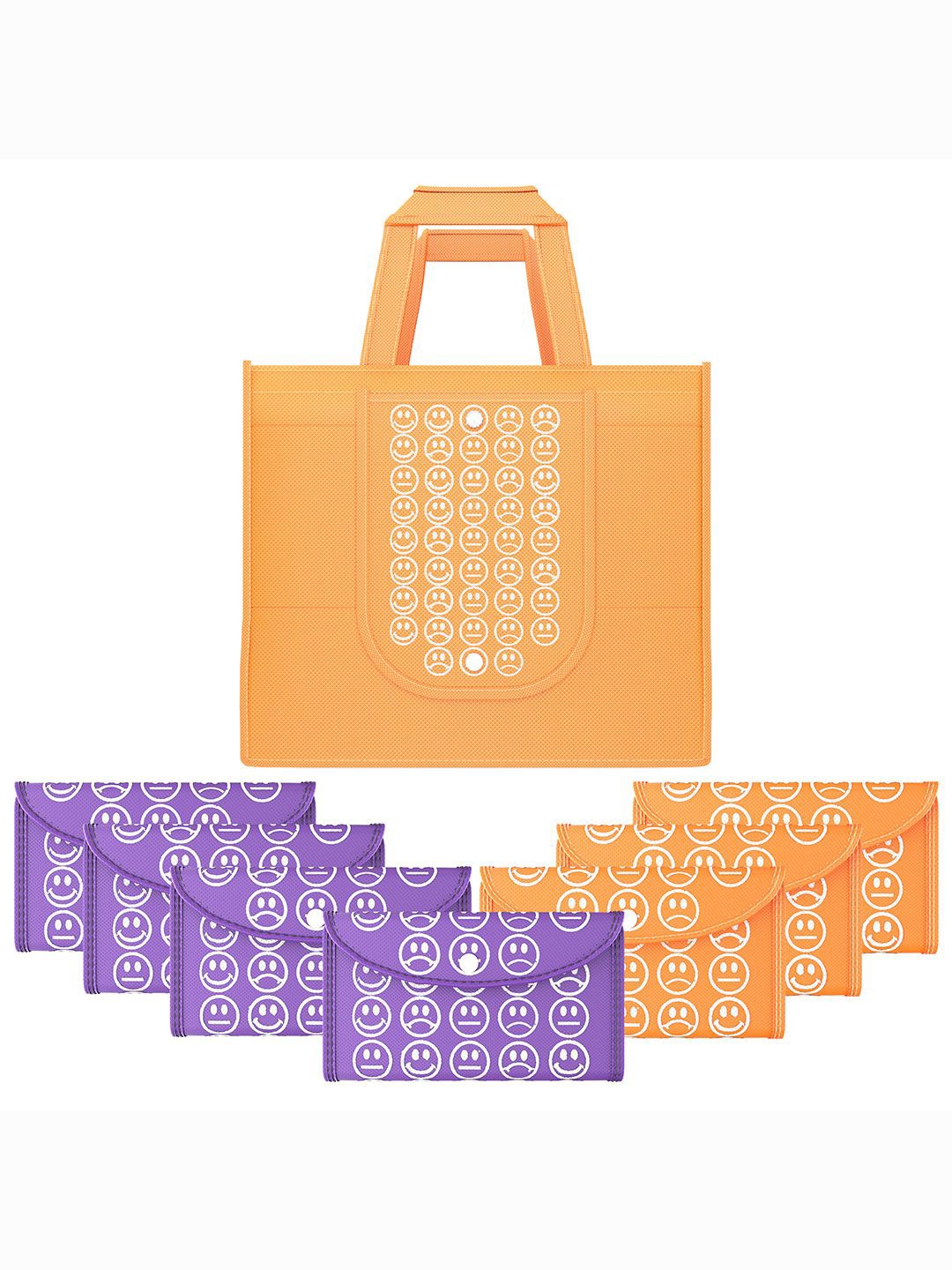 

Kuber Industries Set of 8 Smiley Printed Lightweight Foldable & Reusable Shopping Bags, Orange