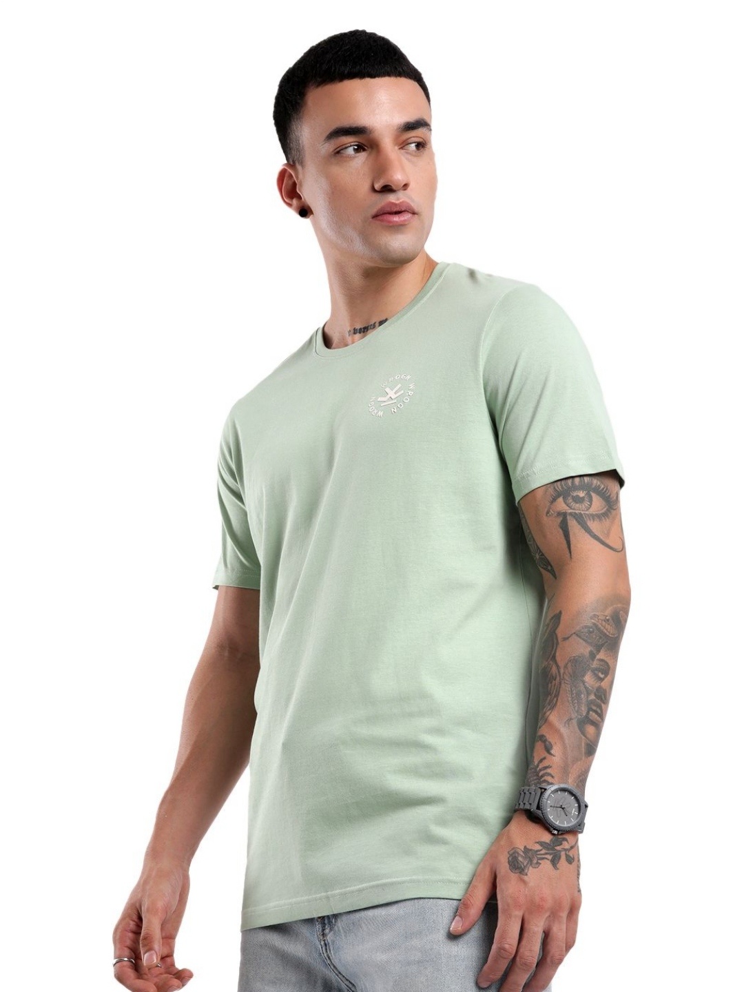 

WROGN Men Solid Round Neck Cotton Slim Fit T-Shirt, Green