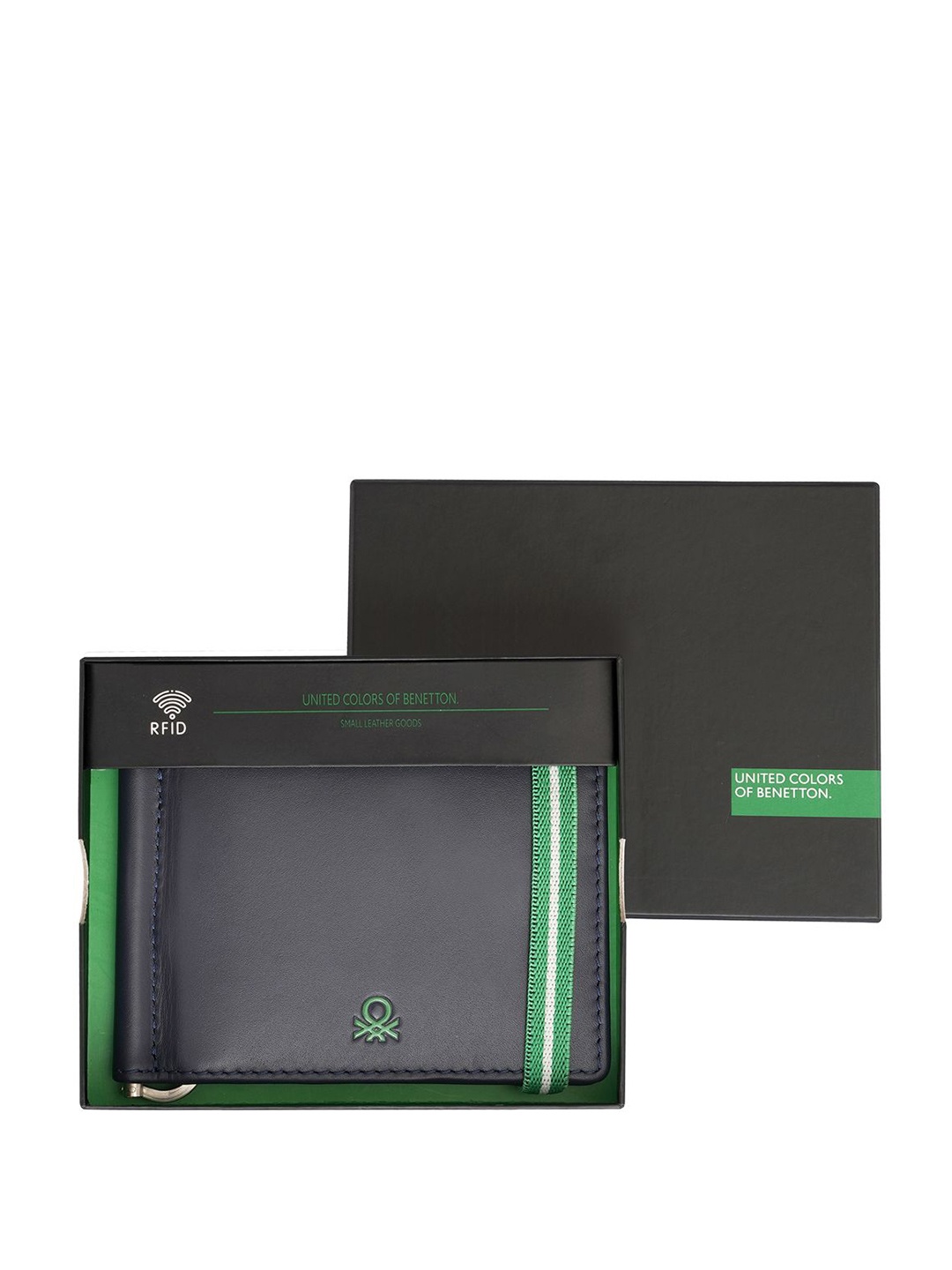 

United Colors of Benetton Men Striped Leather Money Clip, Navy blue