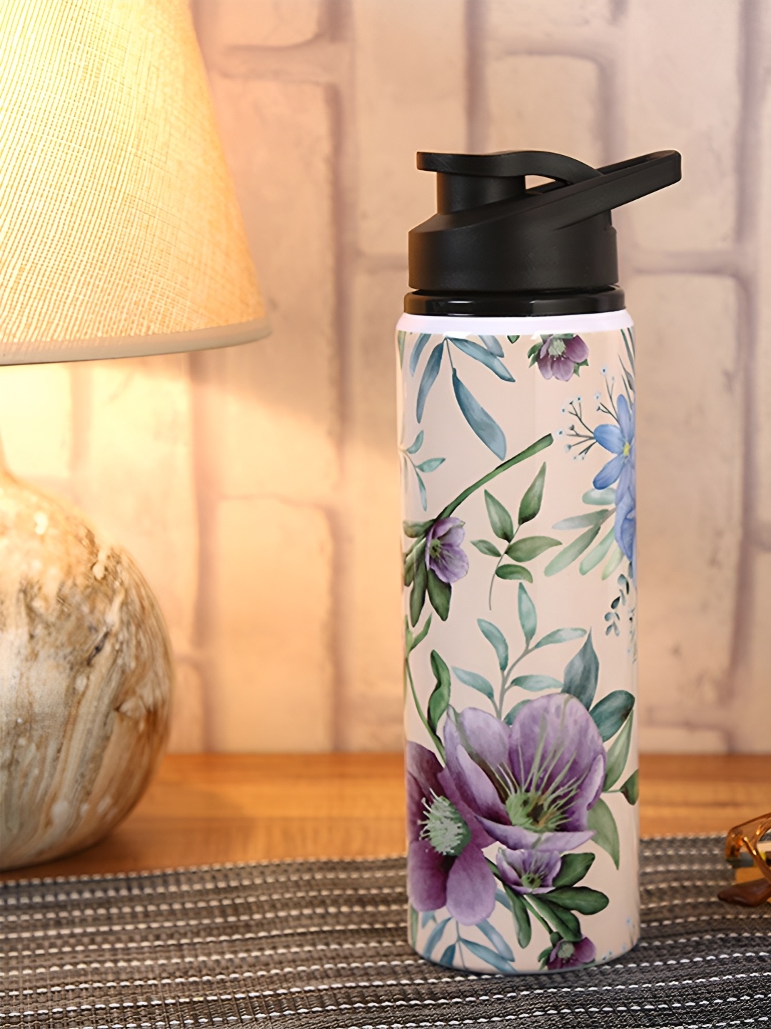 

PENTADECO Off White & Blue Floral Printed Single Wall Vacuum Water Bottle 750 ml