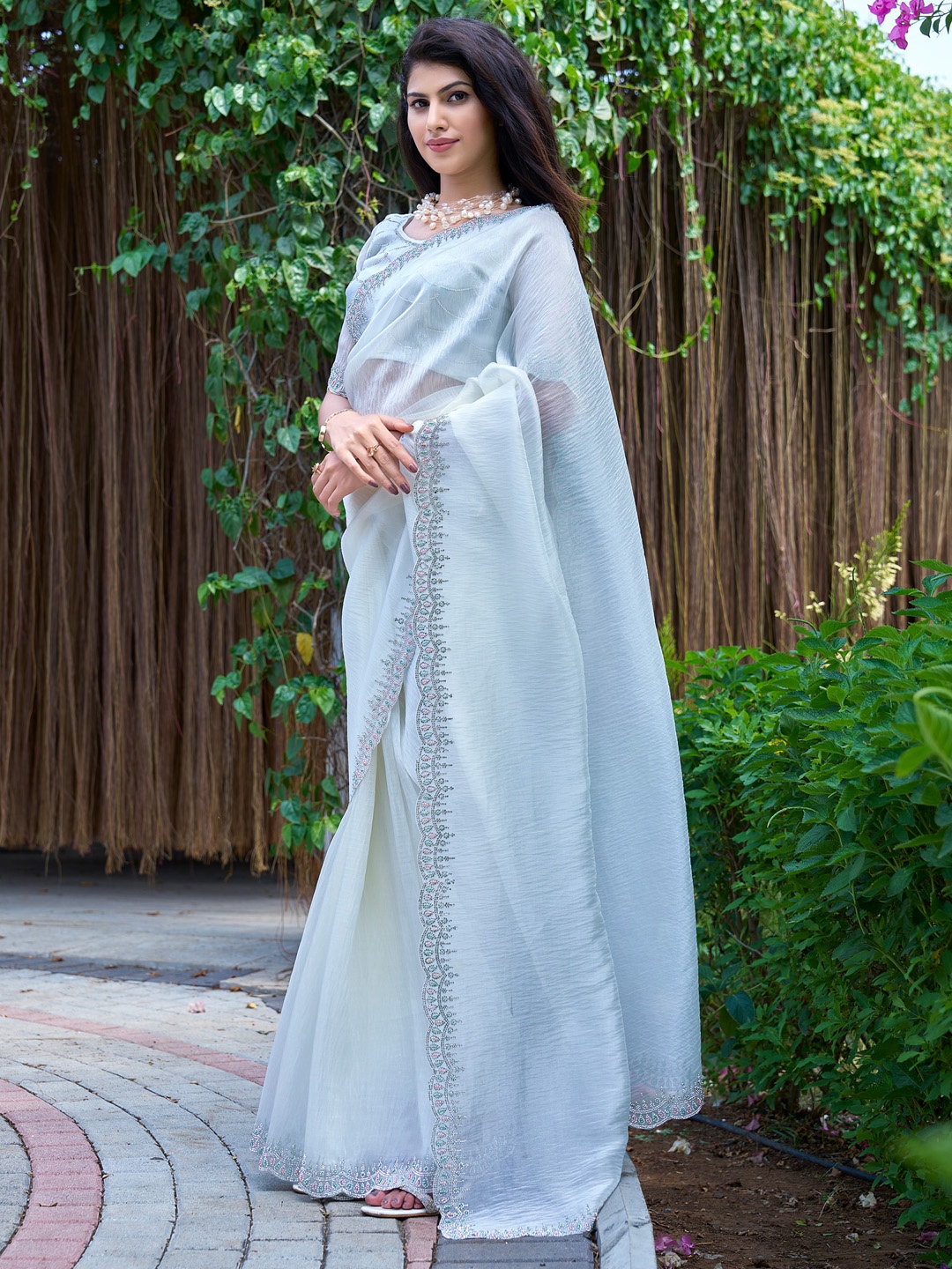

Saree Mall Off White Organza Embellished Party Wear Saree with Matching Blouse