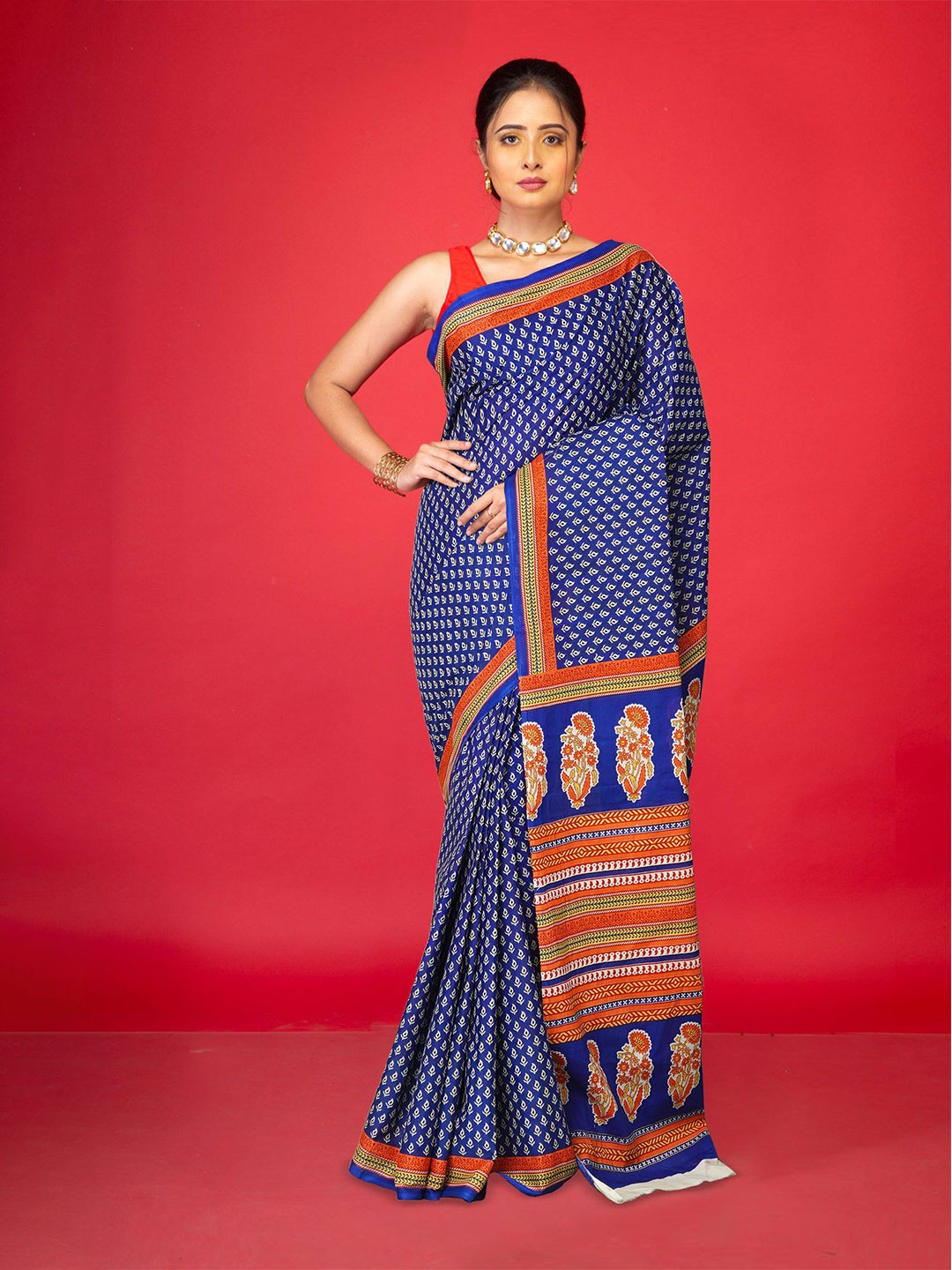 

Unnati Silks Ethnic Motifs Pure Cotton Handloom Block Print Saree, Navy blue