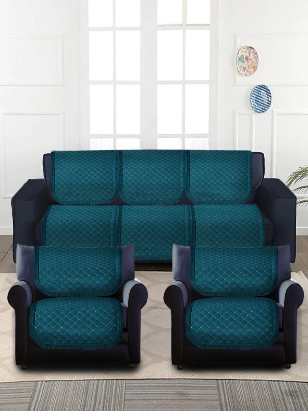 

MULTITEX Turquoise Blue 10 Pieces Checked Quilted Velvet Sofa Cover