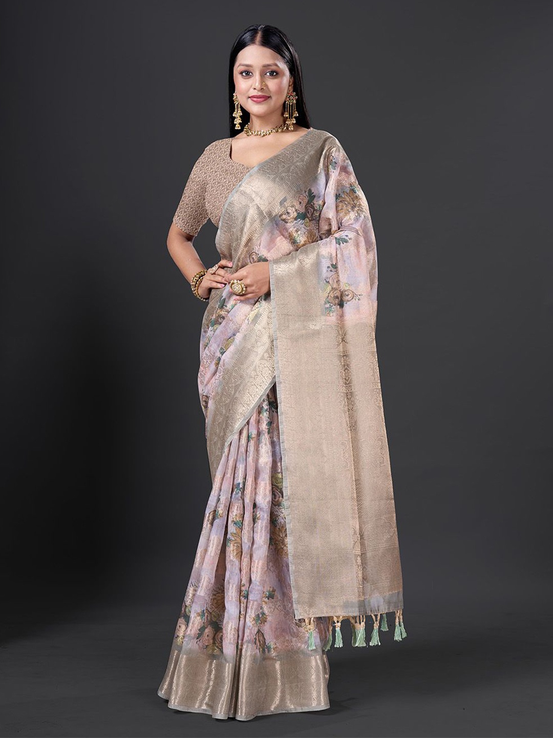 

HEER FASHION Woven Design Zari Saree, Beige