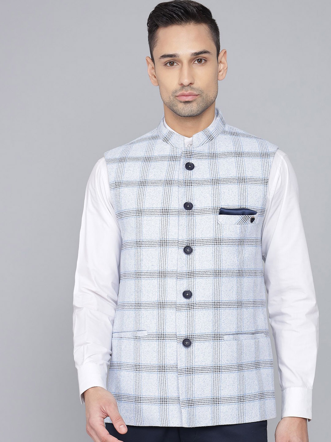 

LA'SCOOT Checked Nehru Jacket, Blue