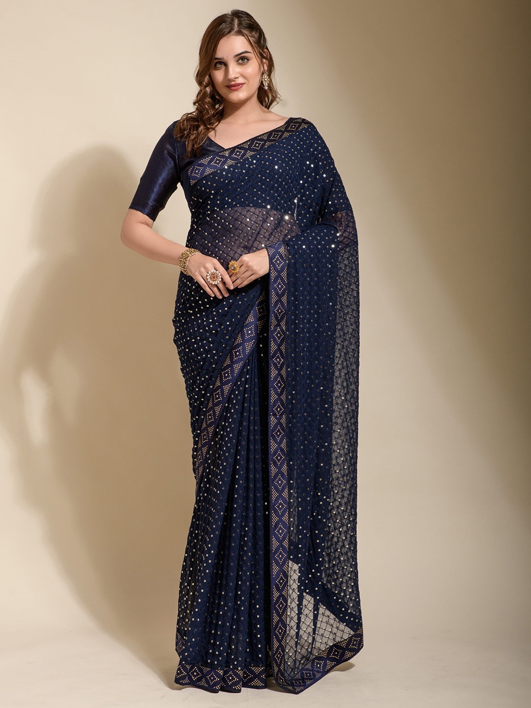 

Panzora Embellished Sequinned Embroidery Work Saree, Navy blue