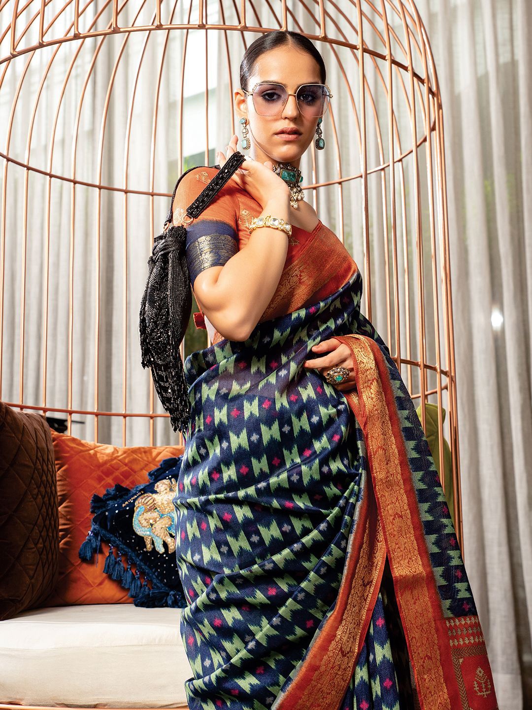 

Satrani Woven Design Zari Silk printed Cotton Banarasi Saree, Blue