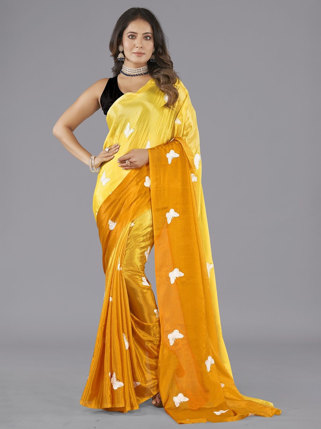 

APNISHA Ombre Pure Chiffon Embroidered Saree, Yellow