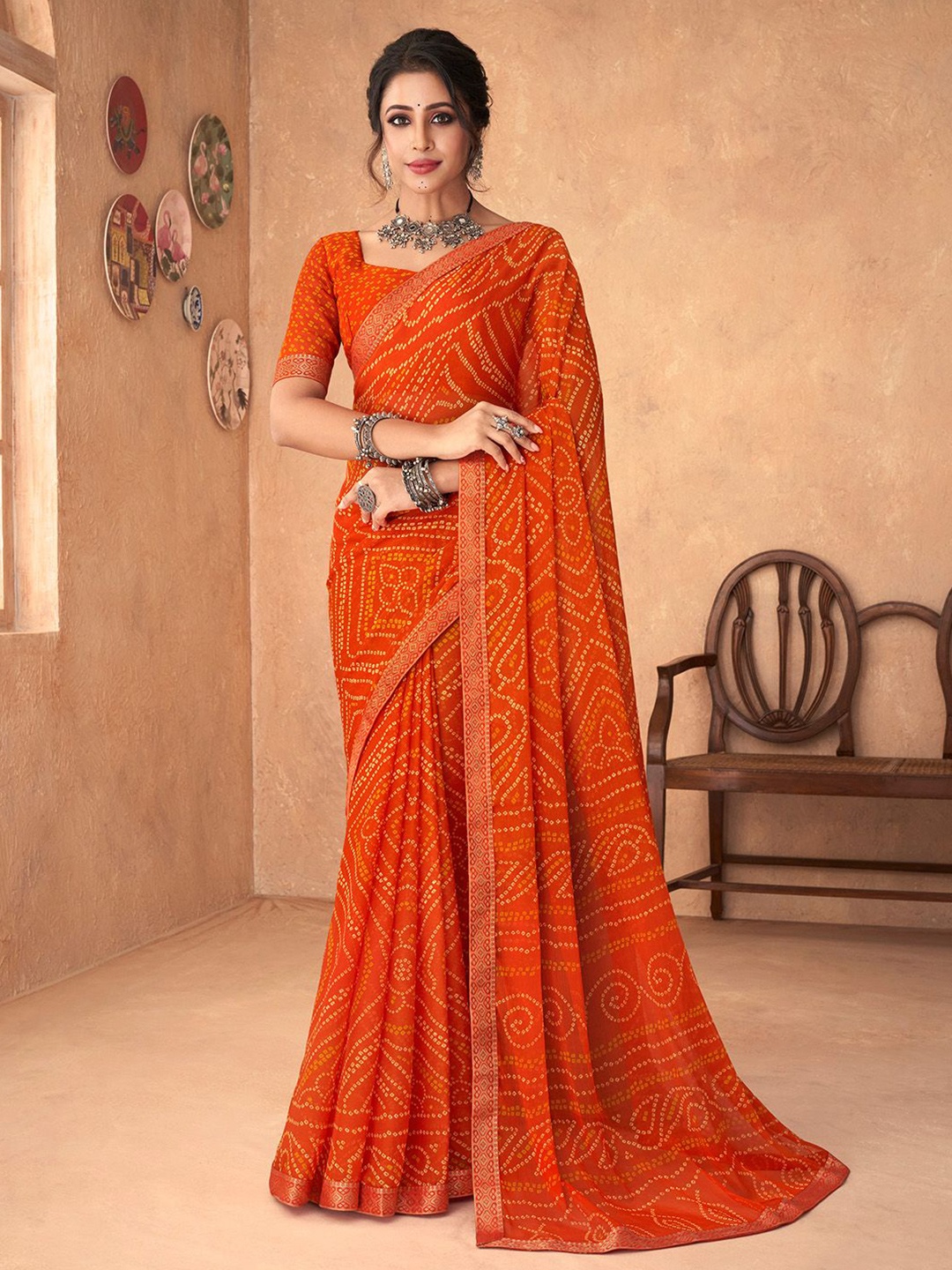 

Panzora Bandhani printed Saree with blouse piece, Orange