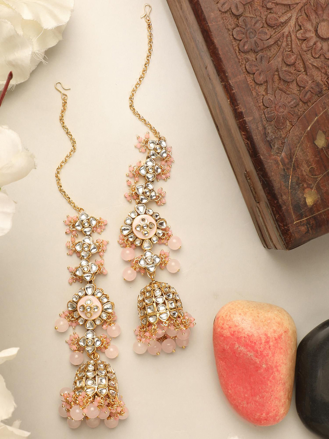 

Anouk Gold-Plated Dome Shaped Kundan Studded & Pearls Jhumkas