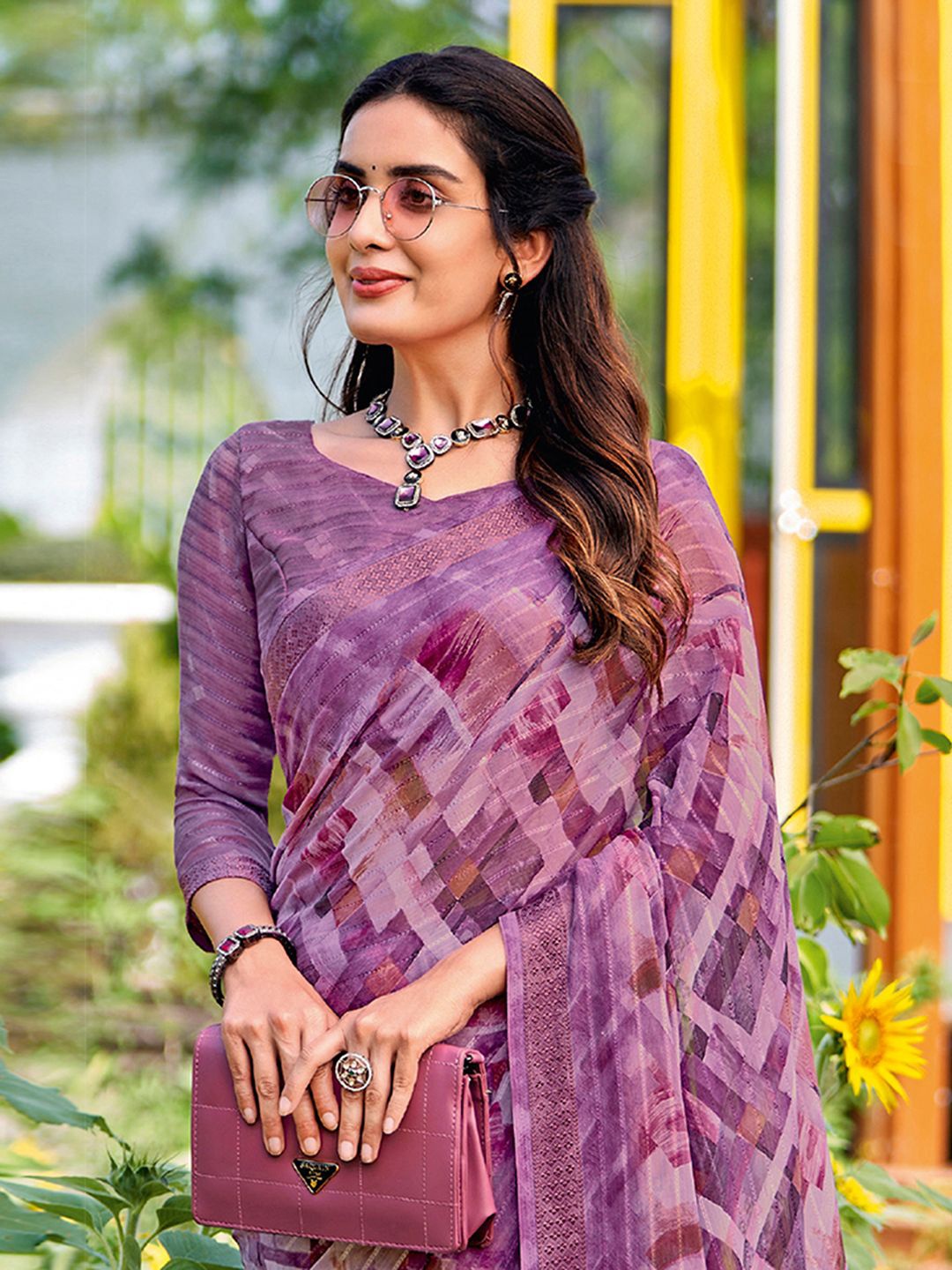 

Satrani Printed Pure Georgette Muga Saree, Purple