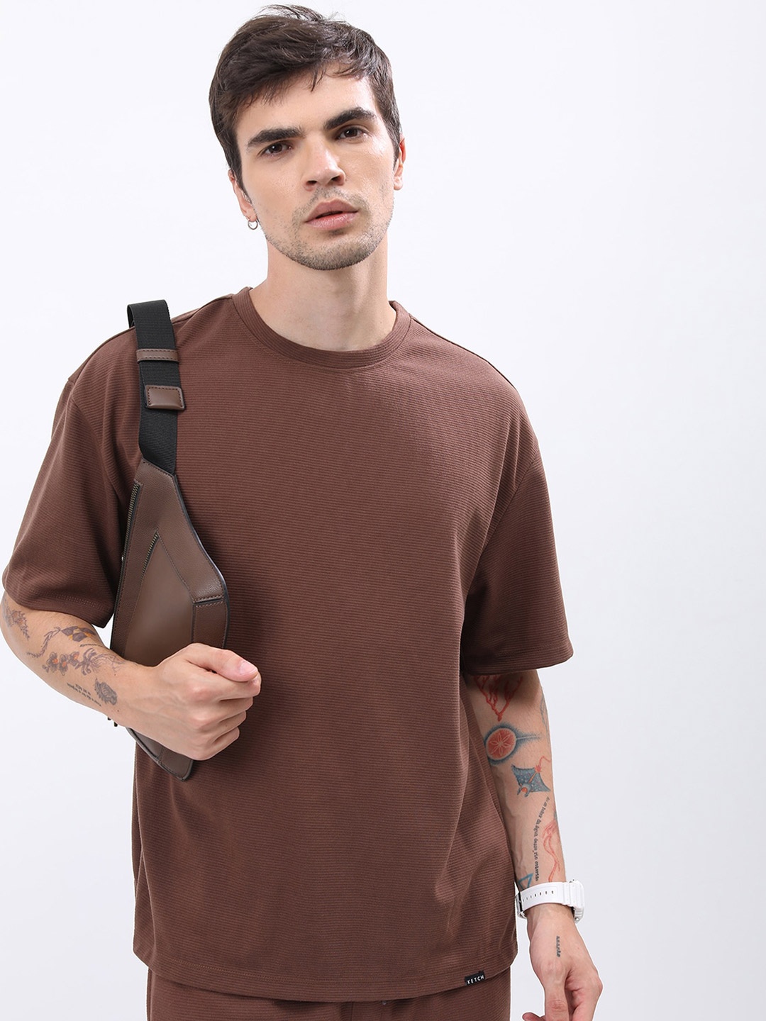 

KETCH Popcorn Structured Drop-Shoulder Sleeves Oversized T-Shirt, Brown