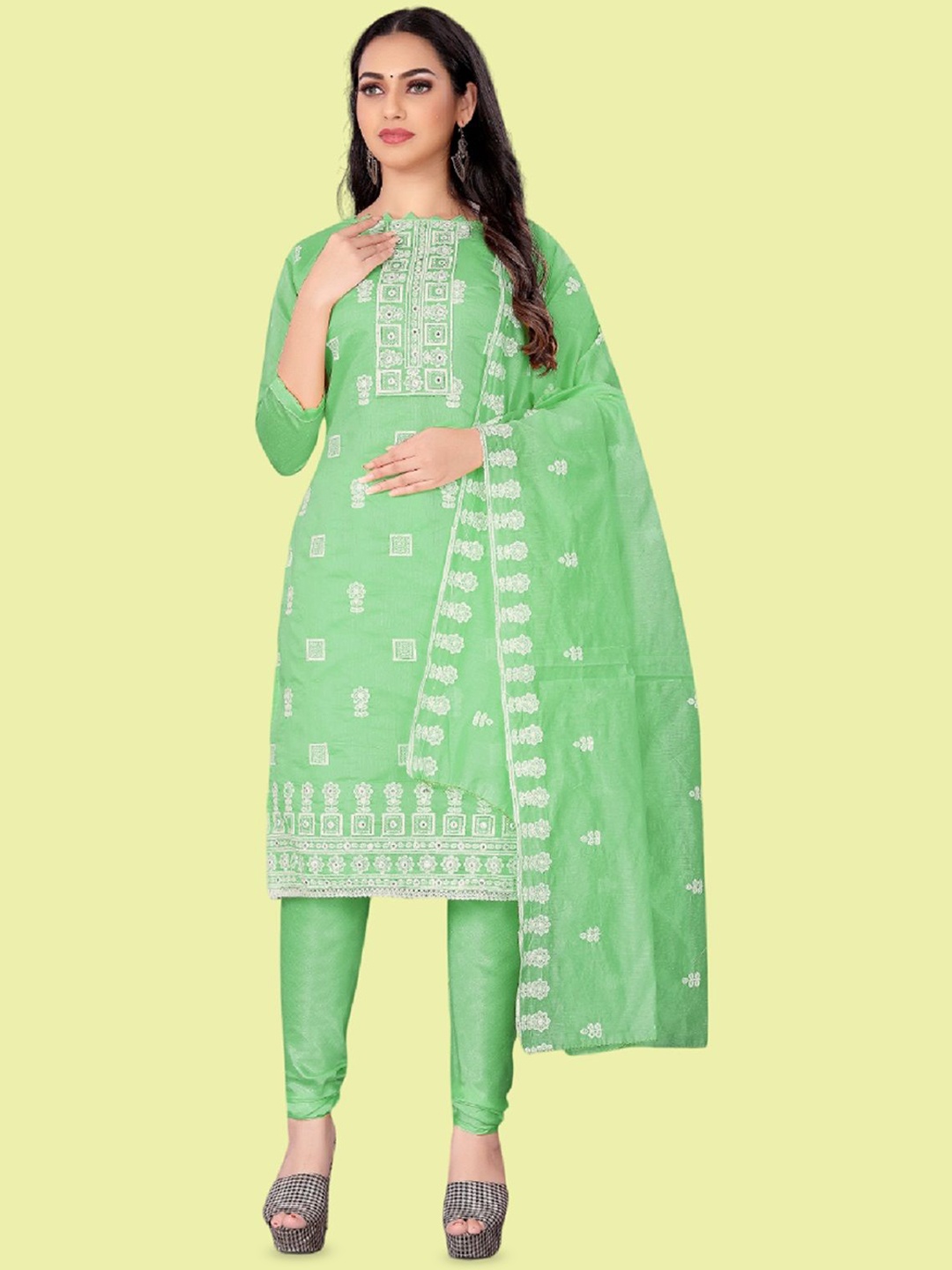

APNISHA Floral Embroidered Mirror Work Unstitched Dress Material, Lime green