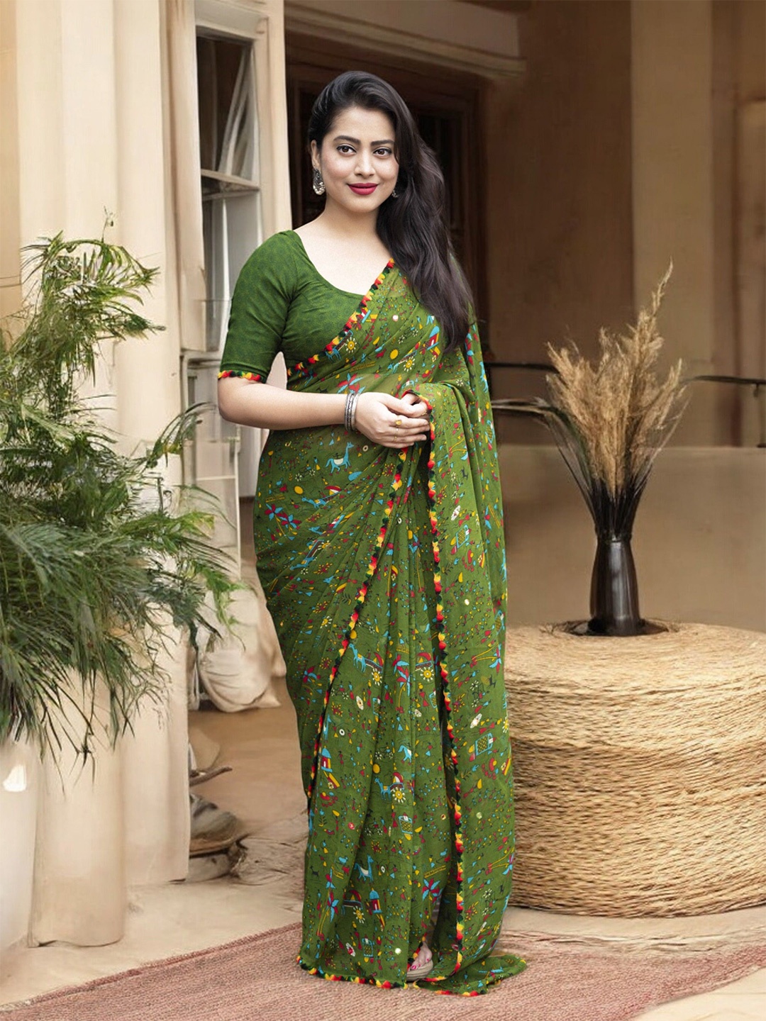 

Ambuja International Floral Pure Georgette Saree, Green