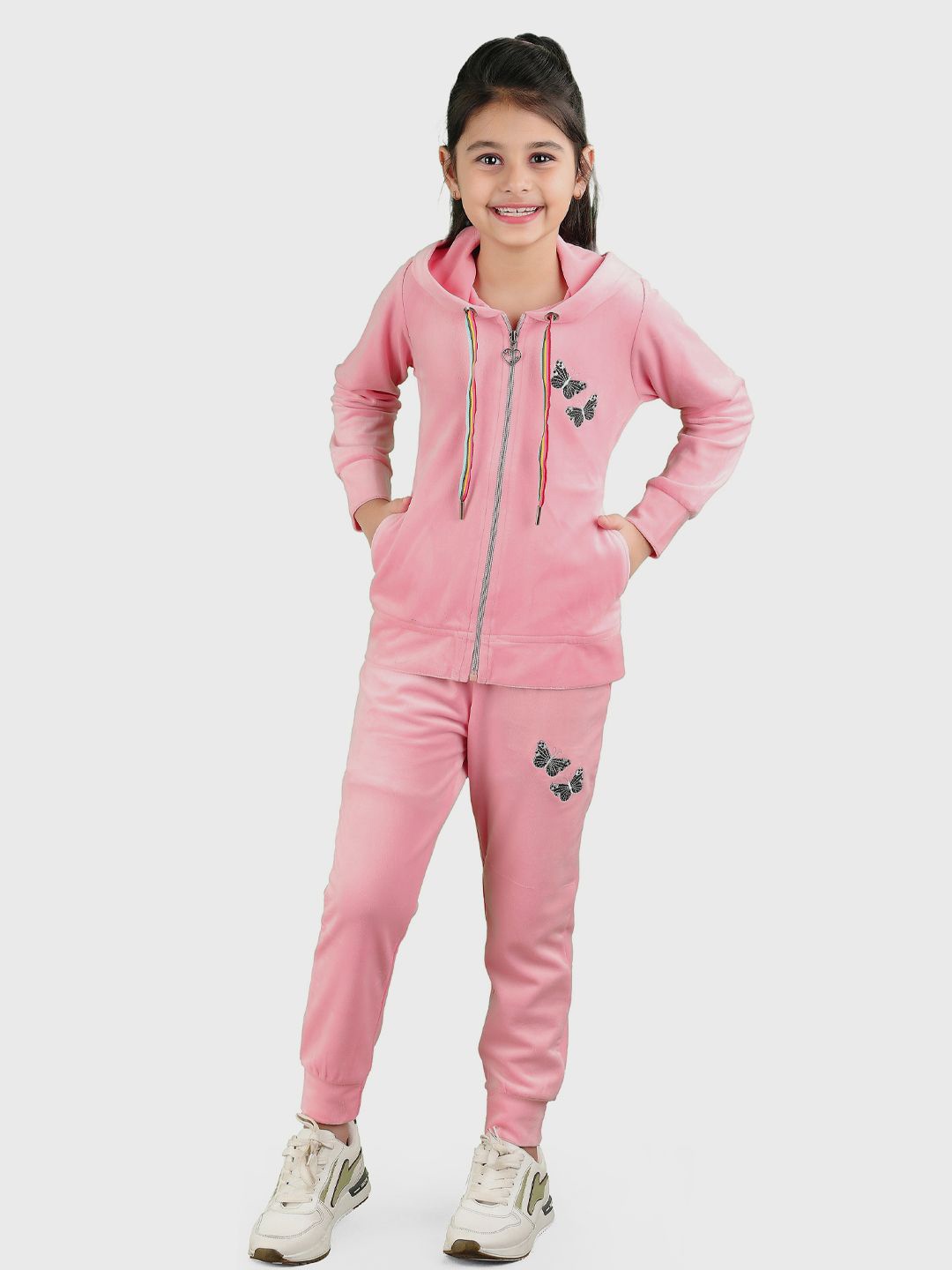 

SMSHOPMORE Girls Velvet Track Suit Hooded Neck Full Sleeve Set, Pink