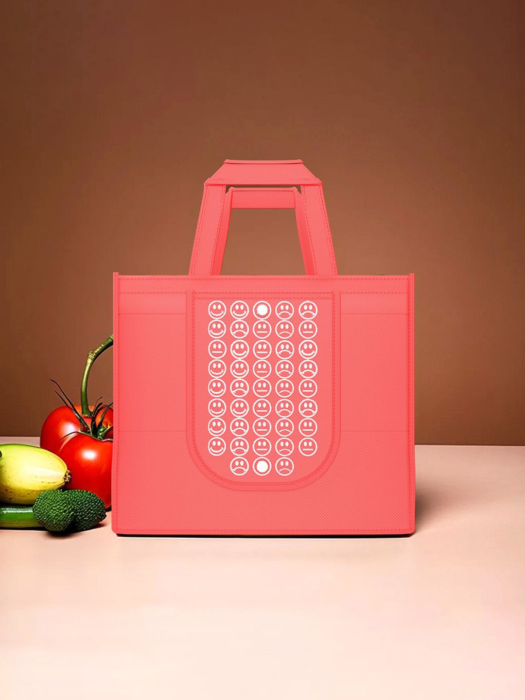 

Kuber Industries Set of 12 Smiley Printed Lightweight Foldable & Reusable Shopping Bags, Red