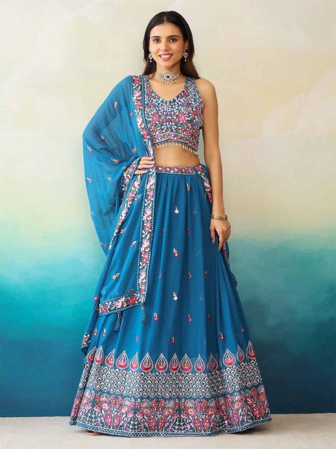 

Futra Gabha Embroidered V-Neck Georgette Ready to Wear Lehenga & Blouse With Dupatta, Blue