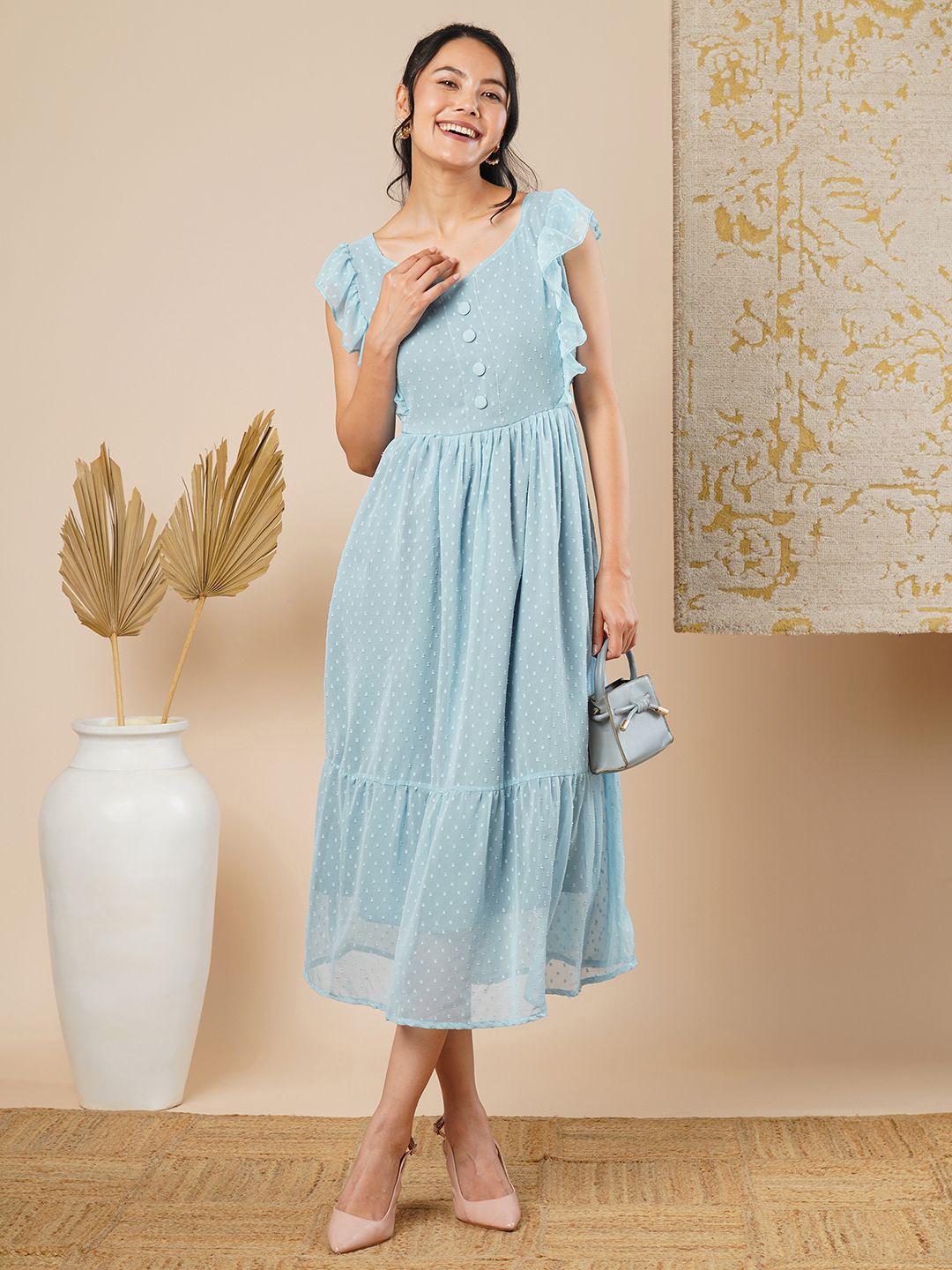 

CARTYSHOP Georgette Fit & Flare Midi Dress, Turquoise blue